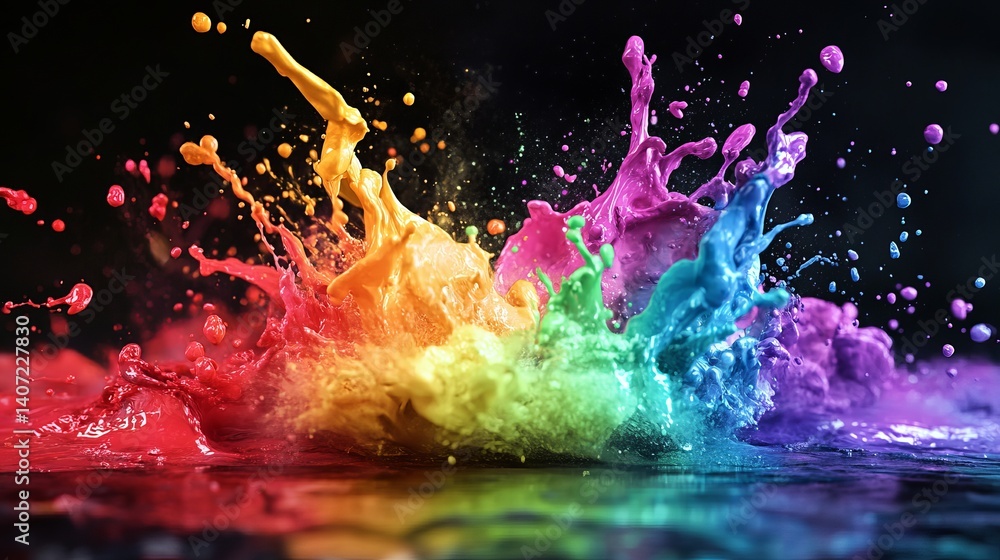 Poster a vibrant rainbow colored paint splash with droplets against a dark background creating a dynamic ef