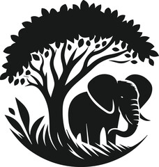 Elephant with tree vector animal silhouette