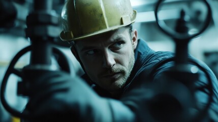 Chemical plant worker adjusting valves at a factory. Featuring technical skill and focus