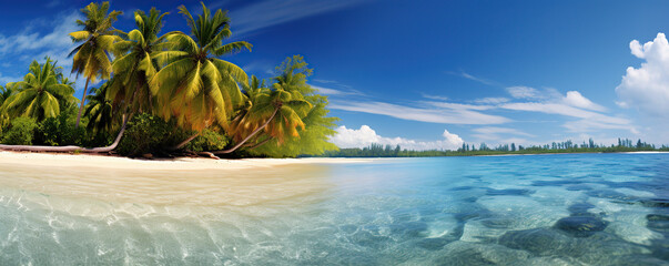 Tropical beach with clear blue water and swaying palm trees under a bright sky