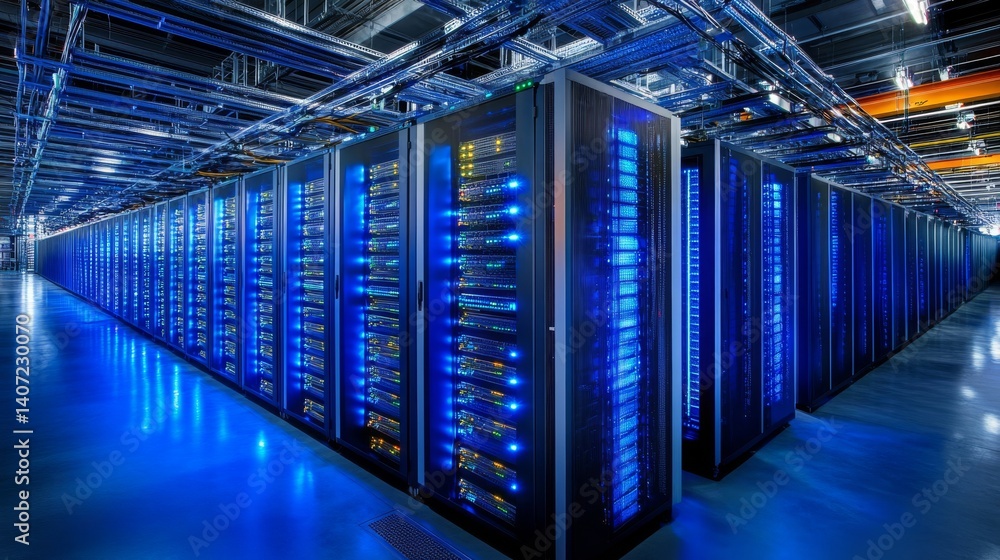 Poster an image of redundant power supplies and ai is used to convey the resilience of the data center conc