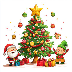 Festive Xmas illustration of Santa Claus with gifts by a decorated winter tree, christmas clip art