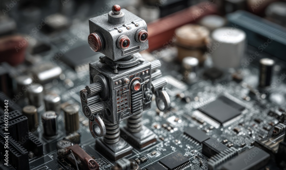 Poster robot figure standing on a circuit board with intricate details