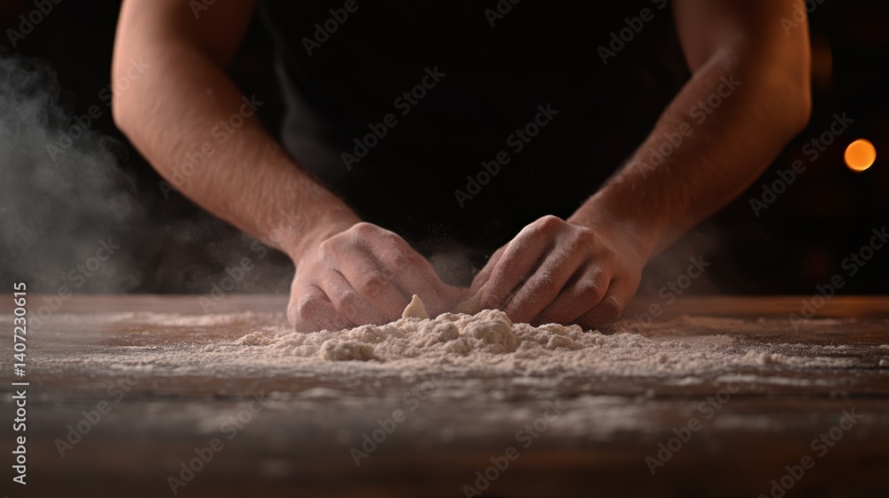 Poster baker's hands are kneading dough on a rustic wooden surface, surrounded by scattered flour, illumina