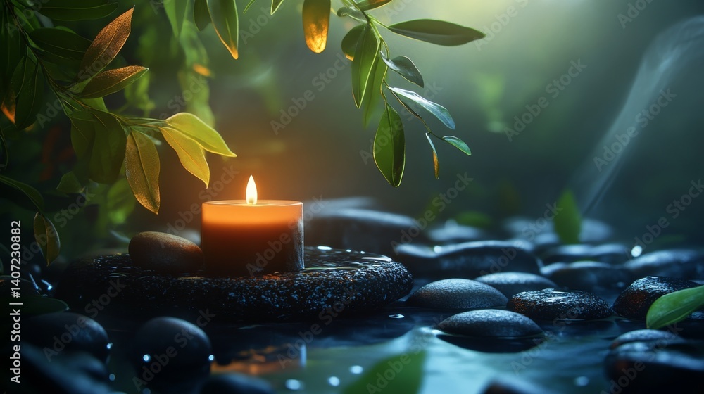 Poster Relaxing spa setup features a lit candle surrounded by smooth stones and fresh green leaves, creating a calming ambiance enhanced by soft natural light