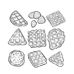 hand-drawn waffles in various shapes, including squares and triangles, along with some berries, showcasing a delightful assortment of treats