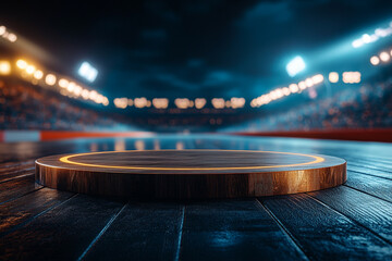 round empty podium on racing track, illuminated by stadium lights, creates atmosphere of anticipation and excitement. blurred crowd in background adds to event energy