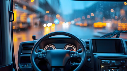 Close up of a minimalist truck dashboard and steering wheel with a softly blurred background