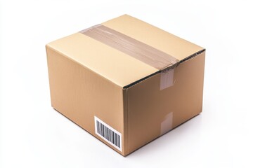 Small cardboard delivery box with a shipping label, isolated on white background