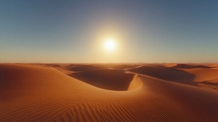 A minimalist desert landscape with endless dunes and a bright sun overhead 