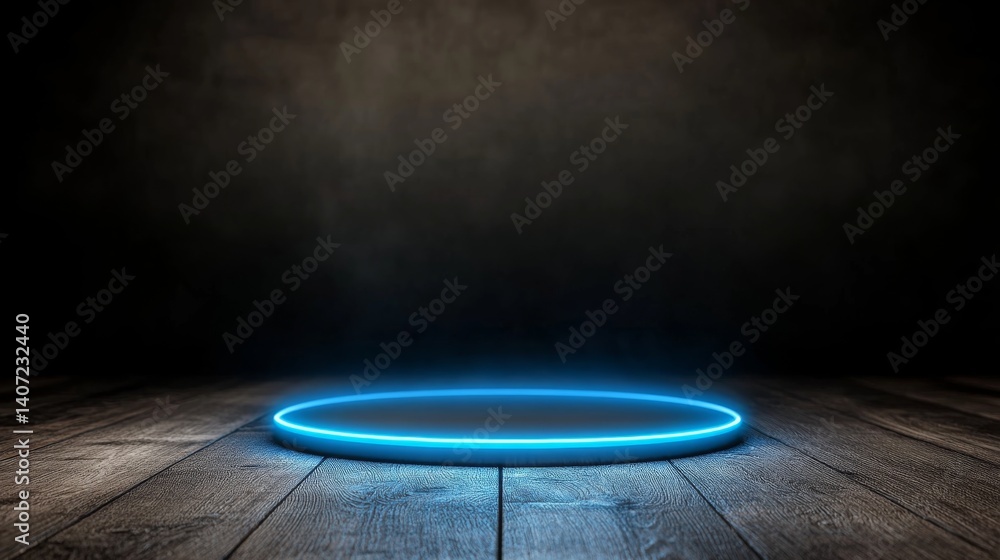 Aufkleber a neon blue circular geometric shape hovers against a black background, creating a sleek and futuris