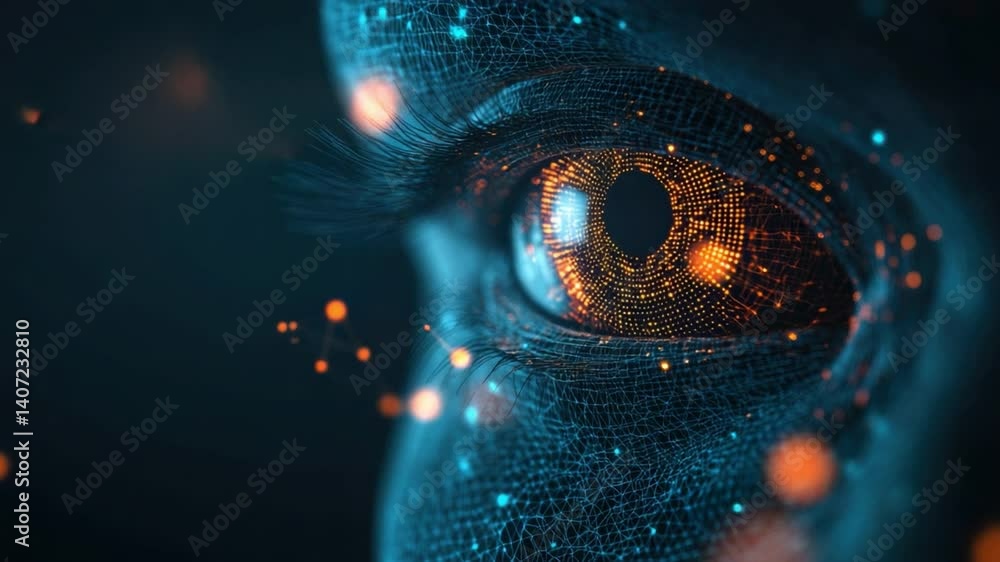 Poster futuristic close-up of human eye with digital patterns and glowing elements representing technology 