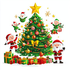 christmas clip art Cartoon Santa Claus with gifts near a decorated Christmas tree for the winter holiday