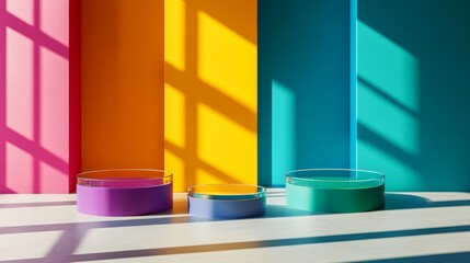 A stylish product presentation is created with a transparent pedestal viewed from the front, placed in front of an abstract blue and green gradient background