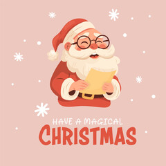 Santa Claus with magical christmas greeting in cartoon style