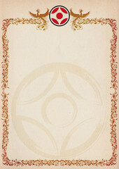 Karate KYOKUSHINKAI certificate, diplom. Old vintage paper texture. High resolution.