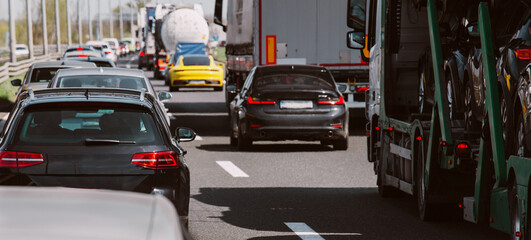 Traffic jam on highway cars and trucks 