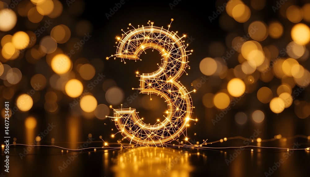 Poster radiant number three with golden luminous mesh on a dark background