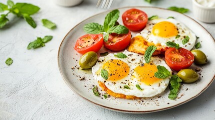 Delicious scrambled eggs served with a colorful assortment of fresh vegetables arranged around the plate, creating a vibrant, healthy, and appetizing breakfast perfect for nutritious food and culinary