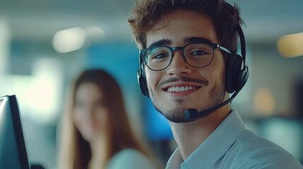 Telemarketing call center staff provide high-quality customer service and assistance, utilizing microphones for online communication related to CRM sales and consulting for client needs