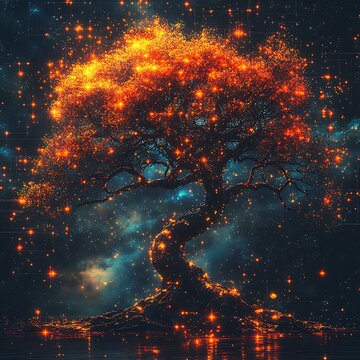 Artistic tree with glowing blue and orange lights symbolizing emotional intelligence and strength image