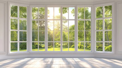 This empty room boasts large windows, providing a view of the outdoors and an influx of natural light, which combines with its cleanliness and minimalist decor to produce a bright and spacious