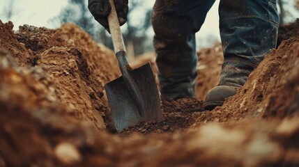 Fototapeta premium Construction worker digging a trench at a construction site. Featuring strength and precision