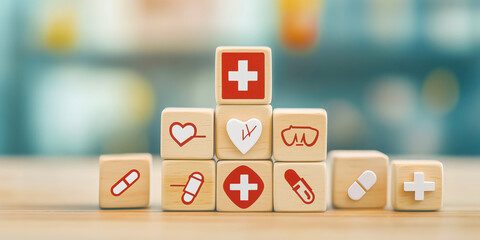 3D Wooden Blocks Illustration for Medical Insurance and Healthcare Plans