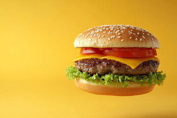 Delicious fast food burger flying on a yellow background 
