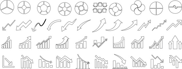 Obraz premium Business icons, chart symbols, and graph illustrations in black outline style. essential set features growth arrow, pie chart, bar graph, and downtrend icon for data analysis and presentation design