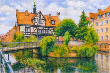 Fototapeta premium Pastel drawing of Danzig’ old mill on Radunia Canal