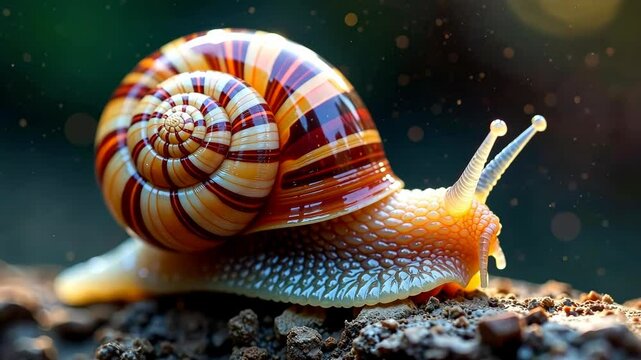 Close-up of a snail's intricate shell patterns and textured skin as it navigates a rocky terrain.