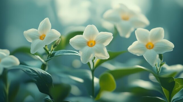 On a plant in India, a gorgeous white jasmine flower, known by names such as mogra, jui, chameli, malti, and mallika, is displayed in closeup with a blurred background that is soft to the eye