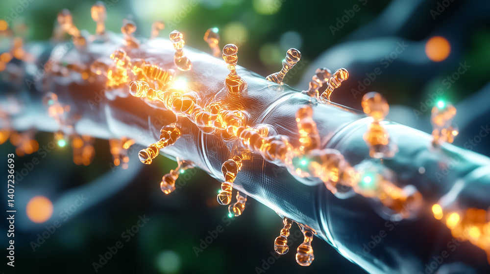 Poster microscopic view captures dynamic molecular structures on a stem with glowing particles. detailed se