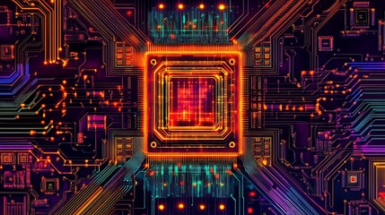 Obraz premium Advanced quantum ai chip with vibrant neon circuits and a flowing energy field