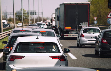 Traffic on the highway  jam cars trucks 