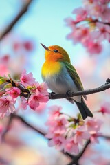 Colorful bird chirping amidst blooming cherry blossoms	