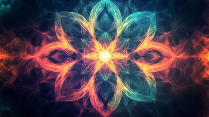 Vibrant neon colors create a hypnotic fractal mandala pattern used as a background illustration