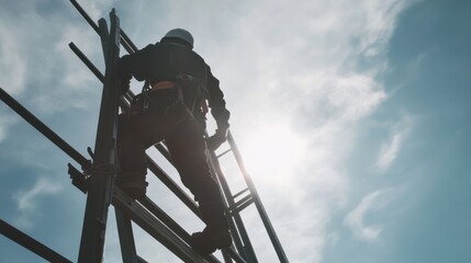 A construction worker assembling scaffolding for building access. Featuring scaffolding and site access