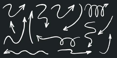 Hand drawn vector chalk brush arrow scribble set. Rotate, horizontal, vertical direction doodles in sketchy grunge style for design, presentation, business ideas.