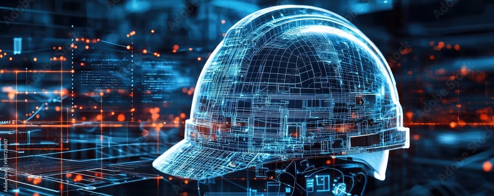 Poster digital construction helmet with a blueprint and futuristic cyberspace concept. futuristic digital c