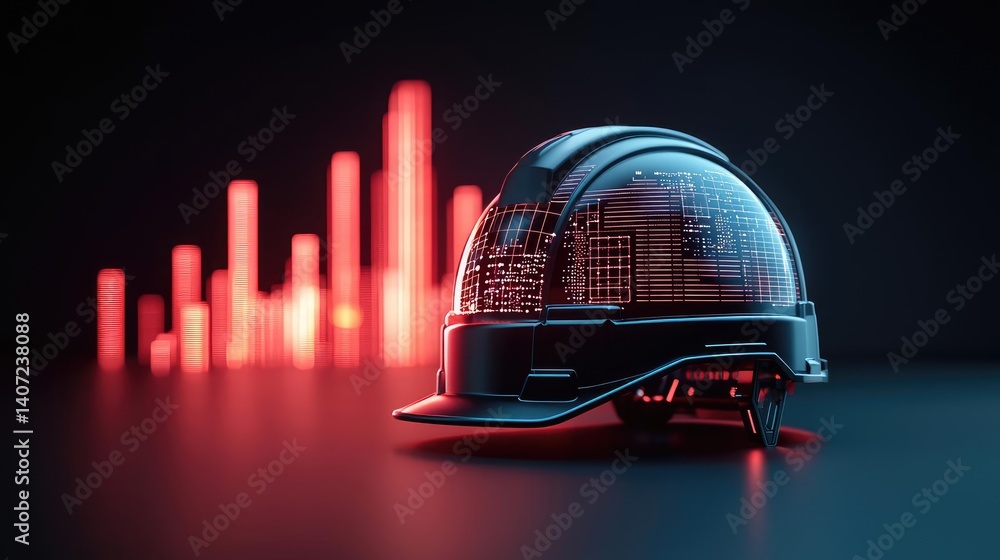 Poster digital construction helmet focusing on glowing data points and construction concept. a futuristic s