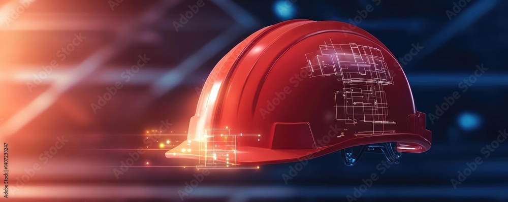 Poster digital construction helmet with a blueprint and futuristic cyberspace concept. a futuristic red har