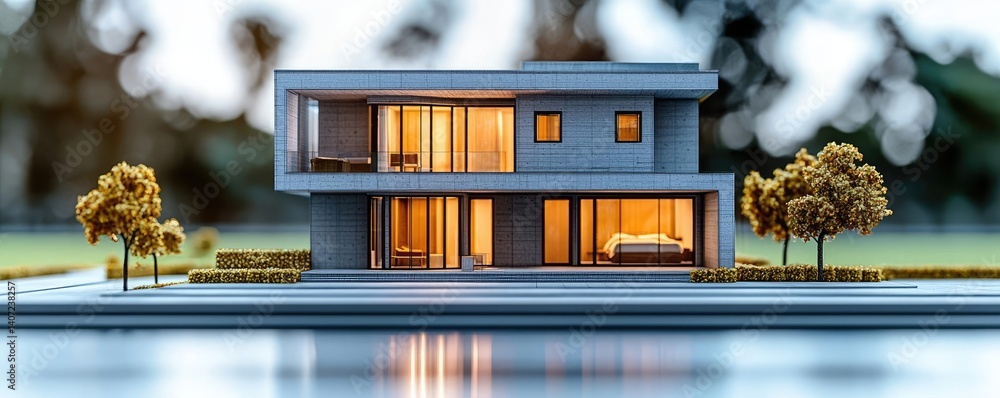 Poster building house on blueprint highlighting dwelling and project concept. modern house model with large