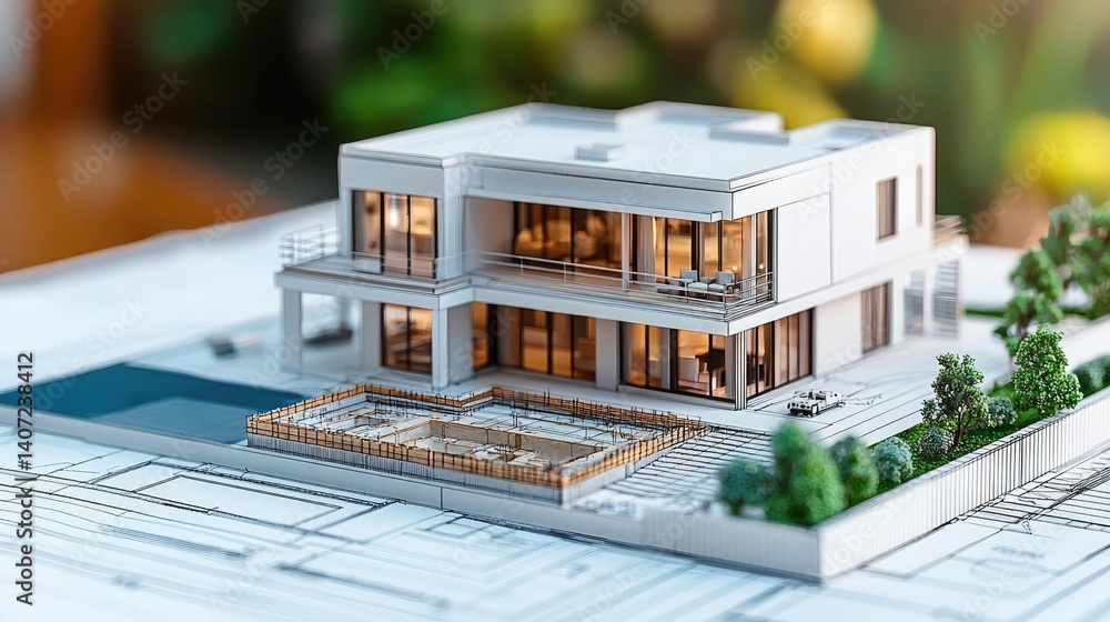 Poster building house on blueprint with dwelling and plan concept. modern architectural model showcasing sl