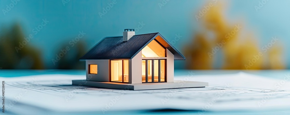 Poster building house on blueprint highlighting dwelling and project concept. a miniature house model with 