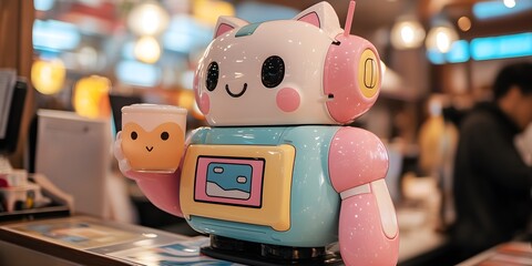 Obraz premium Adorable Robot Cat Holding a Cafe
