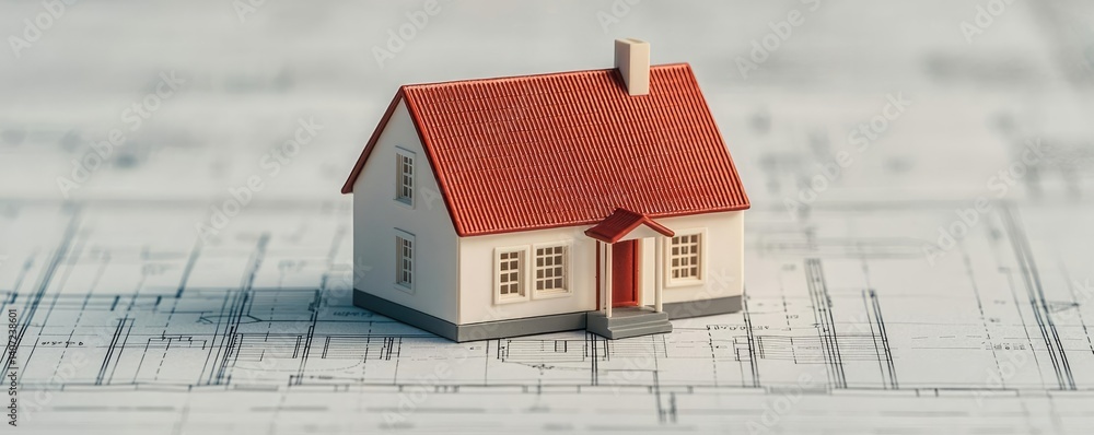 Poster building house on blueprint highlighting dwelling and project concept. a miniature house on architec