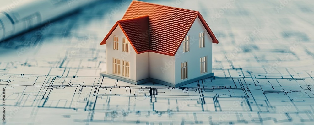 Poster building house on blueprint highlighting dwelling and project concept. model house on blueprints, re