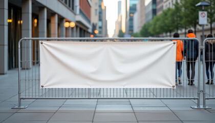 Horizontal banner mockup. Blank horizontal street banner mockup on urban fence with pedestrians